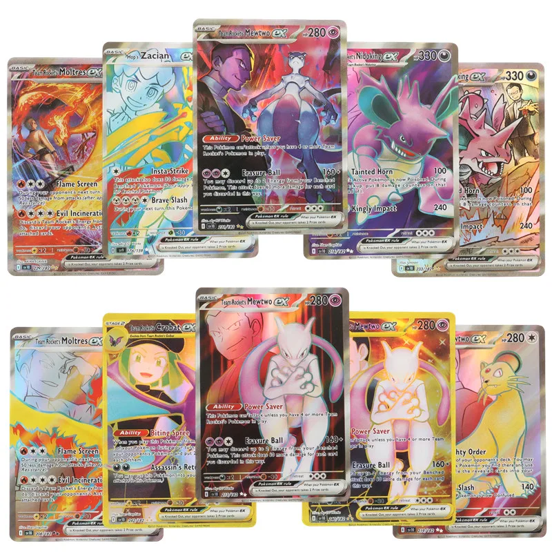 100Pcs English Pokémon cards TEAM ROCKET Mewtwo Moltres Nidoking Crobat EX cards pokemon Shiny Rare Card