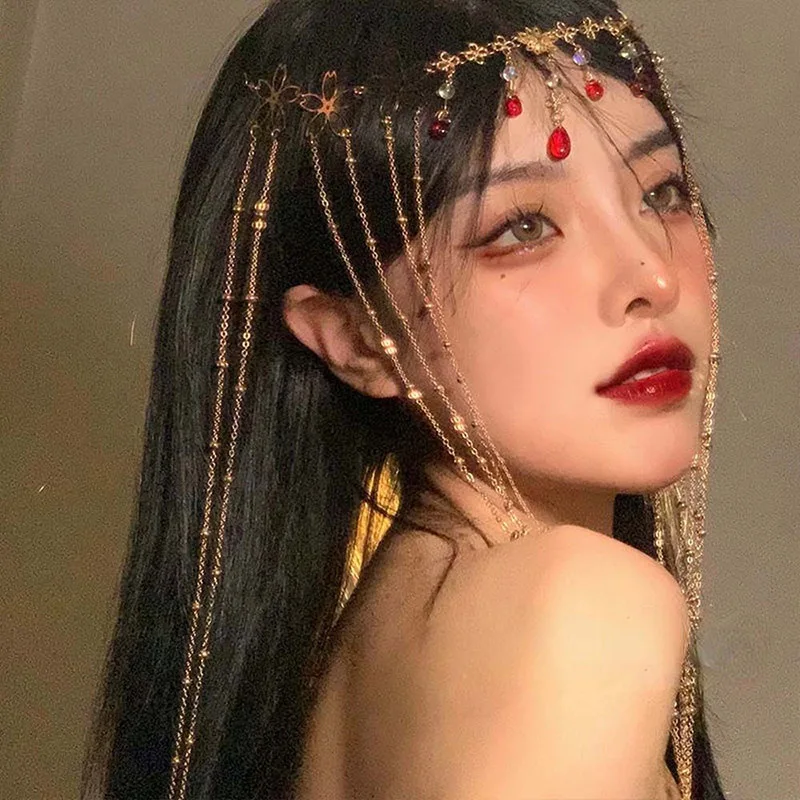 Fairy Long Tassel Veil Hair Ornaments Forehead Chain Face Curtain Retro Luxury Crystal Chrismas Headdress Women Hair Accessories hair accessory,hair headdress,jewelry accessories