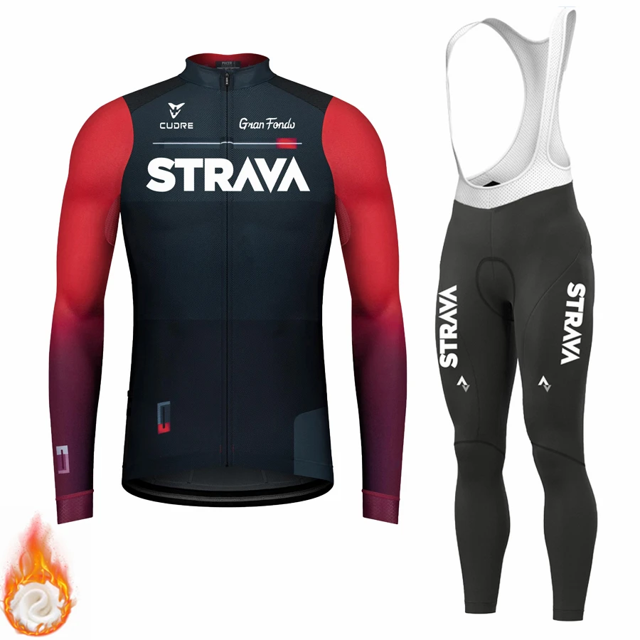 Winter Cycling Clothing STRAVA 2024 New Men's Long Sleeves Cycling Jersey Set Winter Thermal Fleece Road Bike Cycling Clothing 5