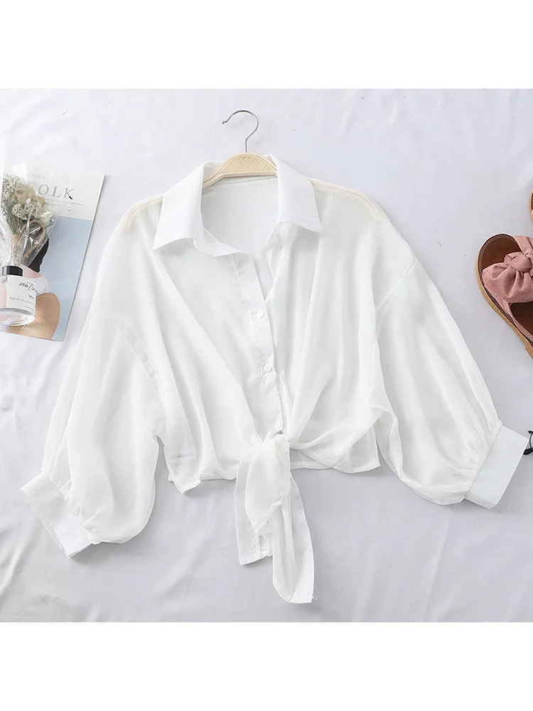 ตัวเลือกสินค้า เสื้อเชิ้ตชีฟองแขนยาว ผูกเอว หรูหรา ฤดูร้อน