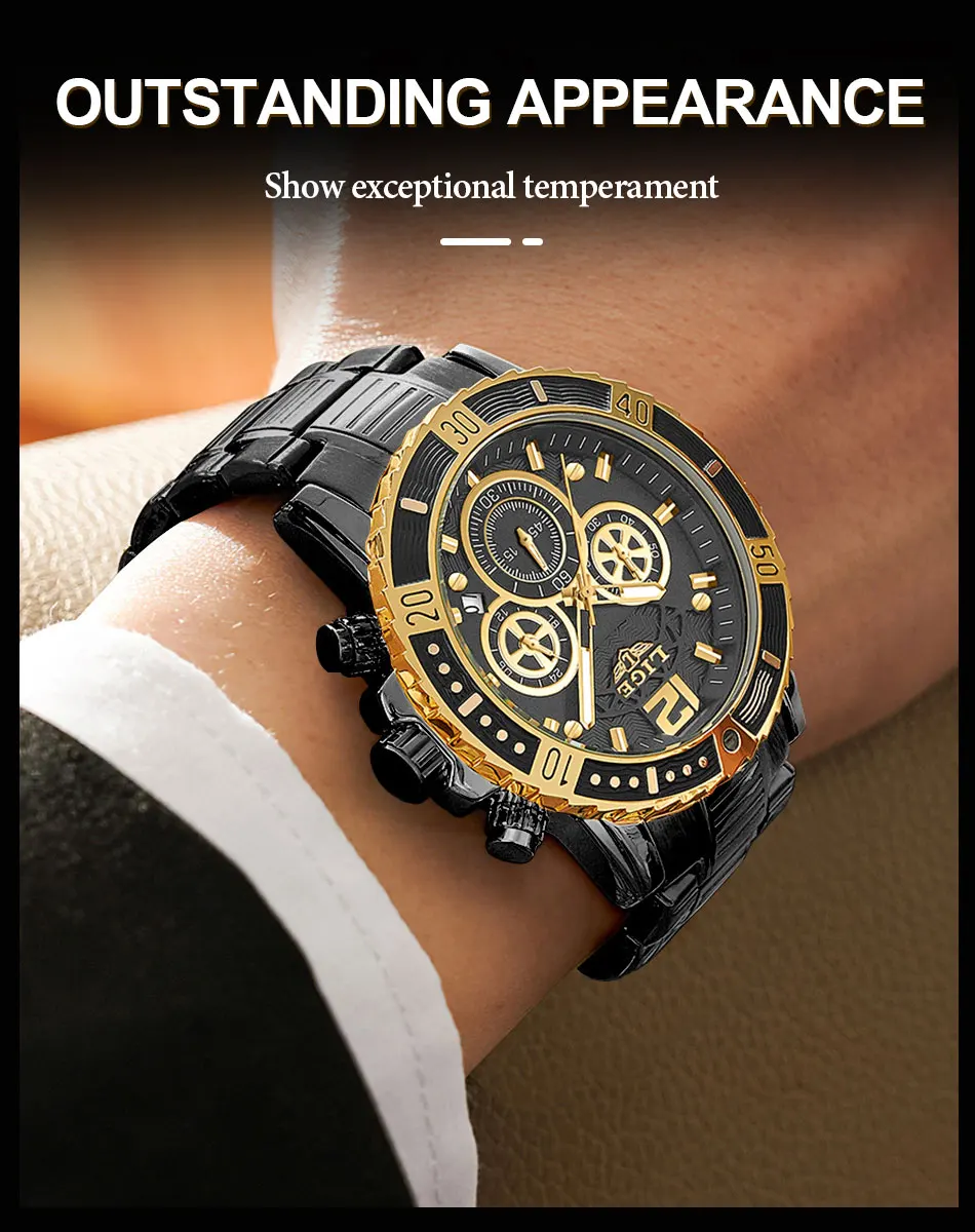 LIGE New Sport Chronograph Mens Watches Top Brand Luxury Full Steel Quartz Clock Waterproof Big Dial Watch Men Relogio Masculino