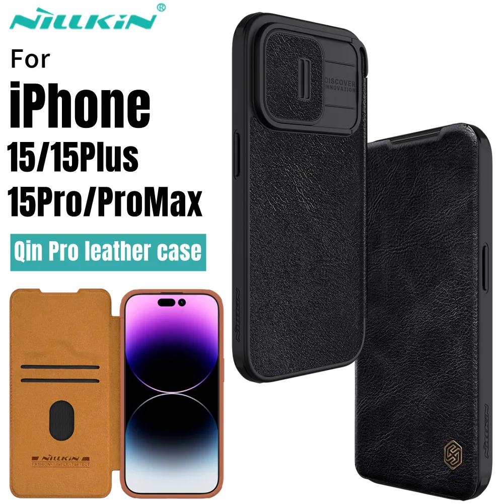 For iPhone 15 Pro Max Nillkin Qin Pro Leather Case Slide Camera Case Card Slot for iPhone 15 Pro Flip Cover iPhone 15 Lens Case