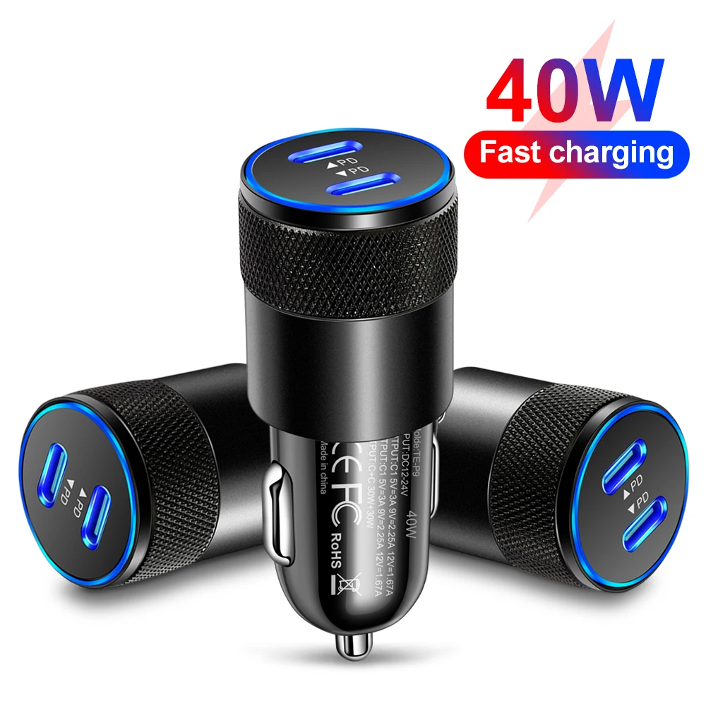 Phone Charger Adapter Phone Charger Car Charger Car Phone Charger 40W Dual PD Car Charger Adapter Fast Charging Type USB C Quick Charger in Car Mobile Phone for iPhone15 Pro Max Xiaomi 14 Huawei