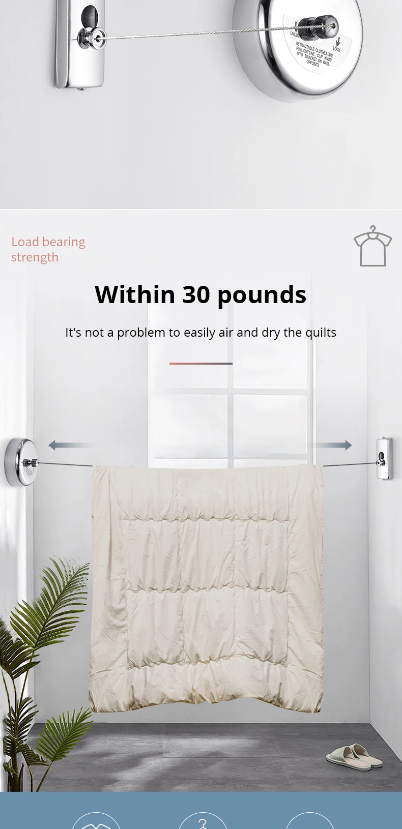 Description Picture 5 of itemWall-mounted Clothes Line Windproof 2.8m Adjustable Strength Nylon Durable Non-slip Drying Rack Rope Laundry