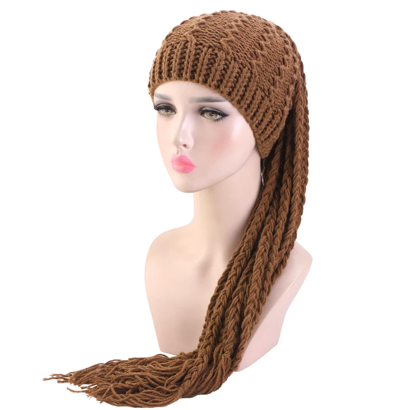 Neue handgefertigte Häkel-Wintermütze für Damen mit geflochtenen Quasten, Hip-Hop, elastische, warme Mütze, Ohrenschutz, Halloween, lustige Mütze – Detail 5