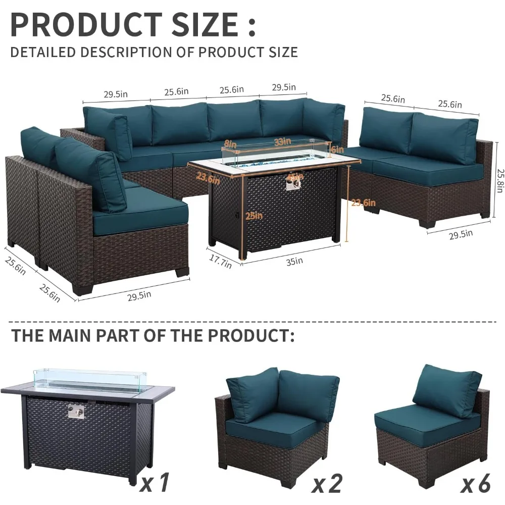9-Piece Patio Rattan Furniture Set with Gas Fire Pit Table Outdoor Sectional Conversation Couch Brown Wicker Sofa 3