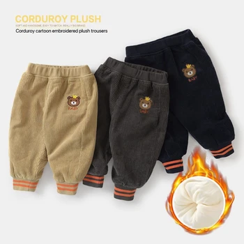 1pcs Boys Girls Winter Velvet Corduroy Kid Pants Little Bear Cartoon Mid Waist Warm Pantalone Baggy Thick Plush Children Trouser 1