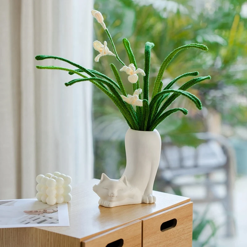 

Белая керамическая ваза с милым котом, Современная ваза для минималистичного декора стола, прочные декоративные вазы для полки