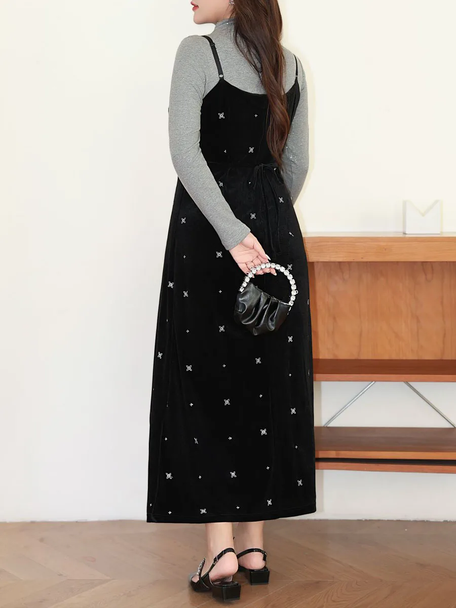Plus Size Women's A-Line Dress Premium Velour Embroidery Spaghetti Strap Slim Autumn Winter 2025