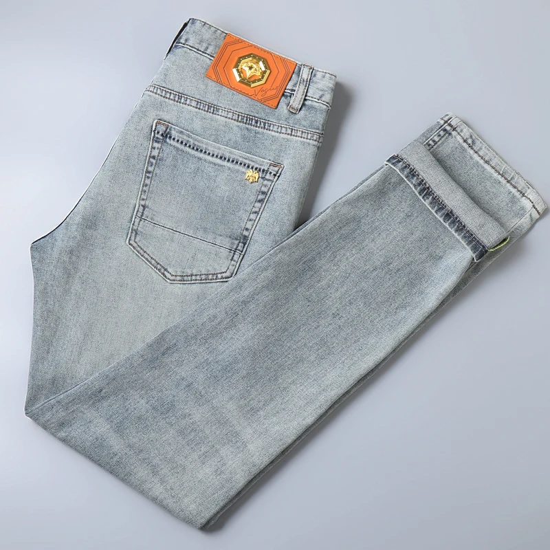 2024 New Retro Light Blue Slim Jeans Men's Summer Thin Stretch Business Casual All-Match Pencil Pants Trousers