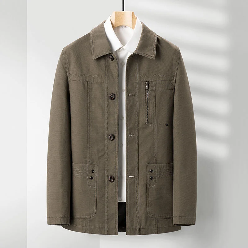

Autumn Solid Cotton Jacket Men Lapel Button Plus Fertilizer Increase Bomber Jacket Coat Business Casual Dad Clothes Windbreaker