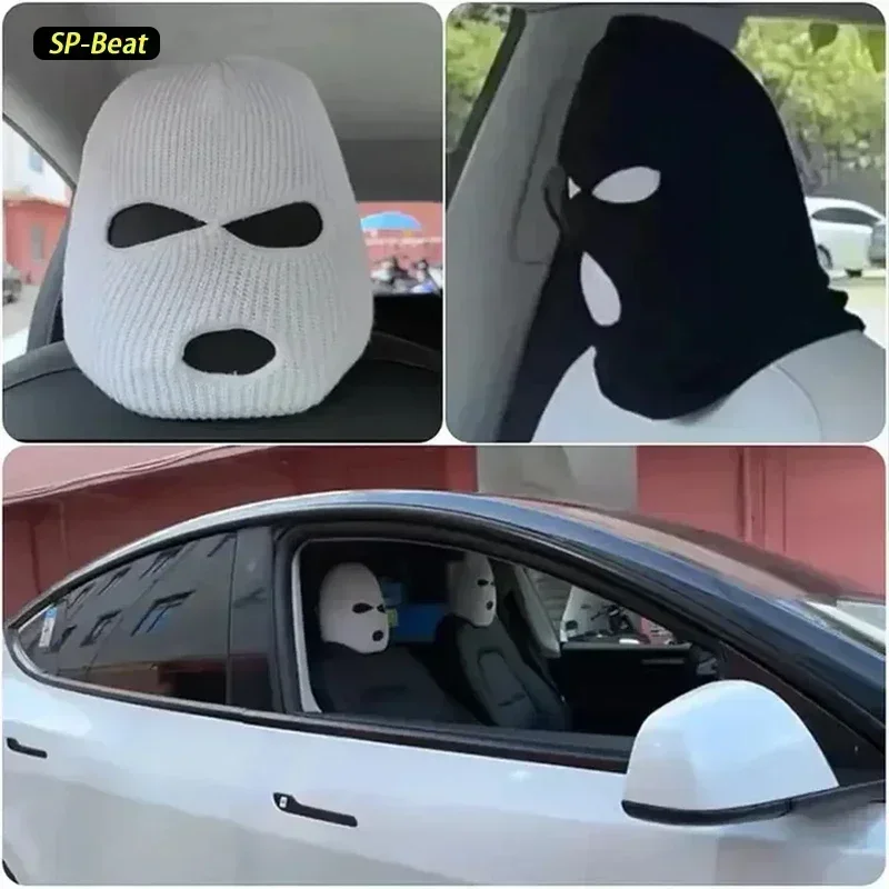 2pcs Car Seat Cover Masked Person KnittedHeadgear Halloween Headrest Cover Decoration CarAnti-theft Warning Accessories