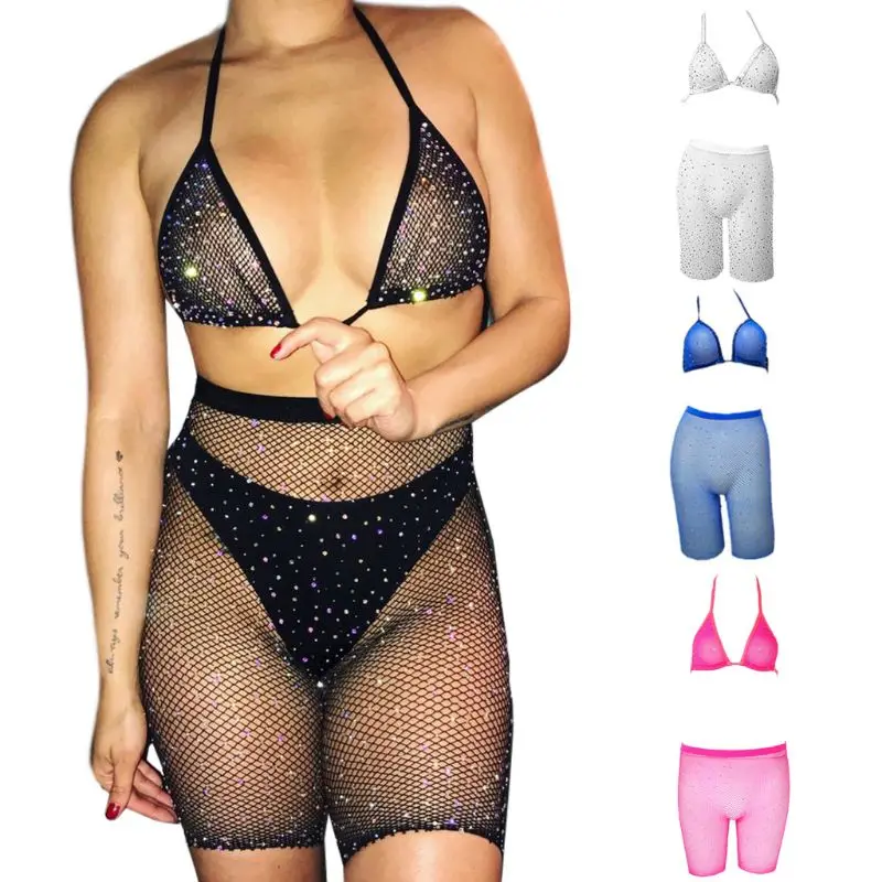 Womens Erotic See Through Fishnet Underwear Set Glitter Drilling for Rhinestone