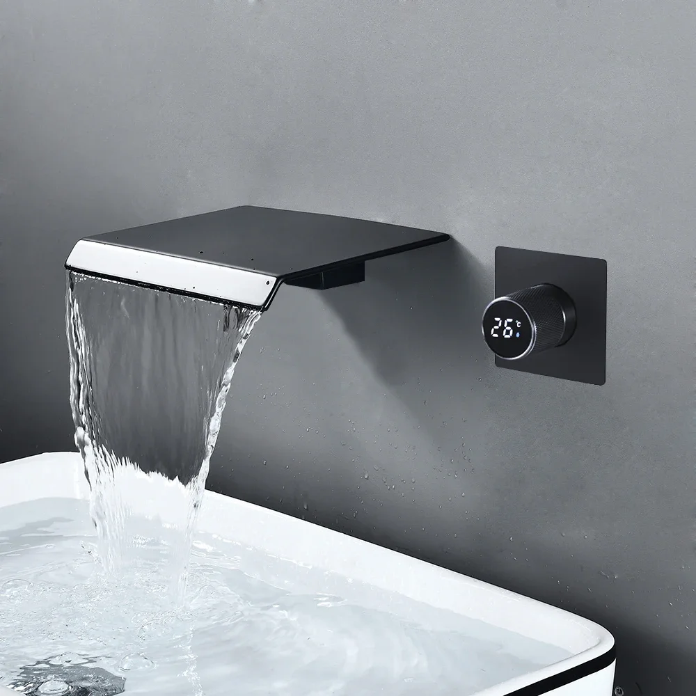 BAKALA Digital Display Bathroom Faucet Wall Mounted Waterfall Basin Faucets Washing Basin Taps Hot & Cold Water Mixer Tap