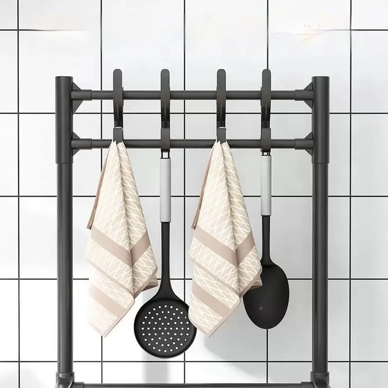 Kitchen Storage Rack Floor Standing with Pulley Kitchen Microwave Organizer Multilayer Home Oven Rack with Hook Easy To Assemble