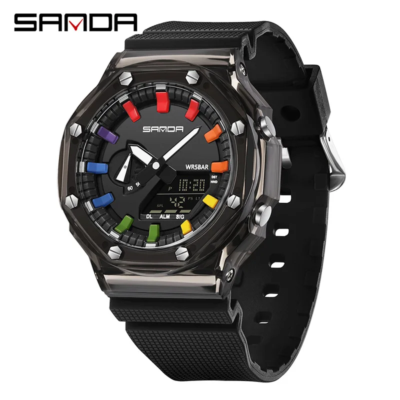 Sanda New Transparent Electronic Watch Multi functional and Fashionable Korean Edition Men Diving Watch Alarm Clock Shockpr3341