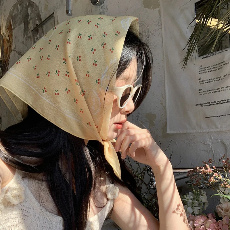 Floral Print Neckerchief Women Korean Cotton Linen Square Scarf