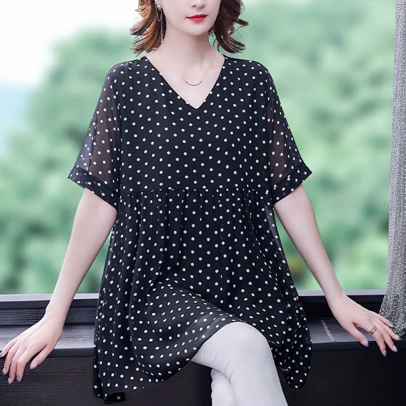 Elegant V-Neck Spliced Loose Folds Polka Dot Blouse Women's Clothing 2024 Summer New Casual Pullovers Office Lady Chiffon Shirt