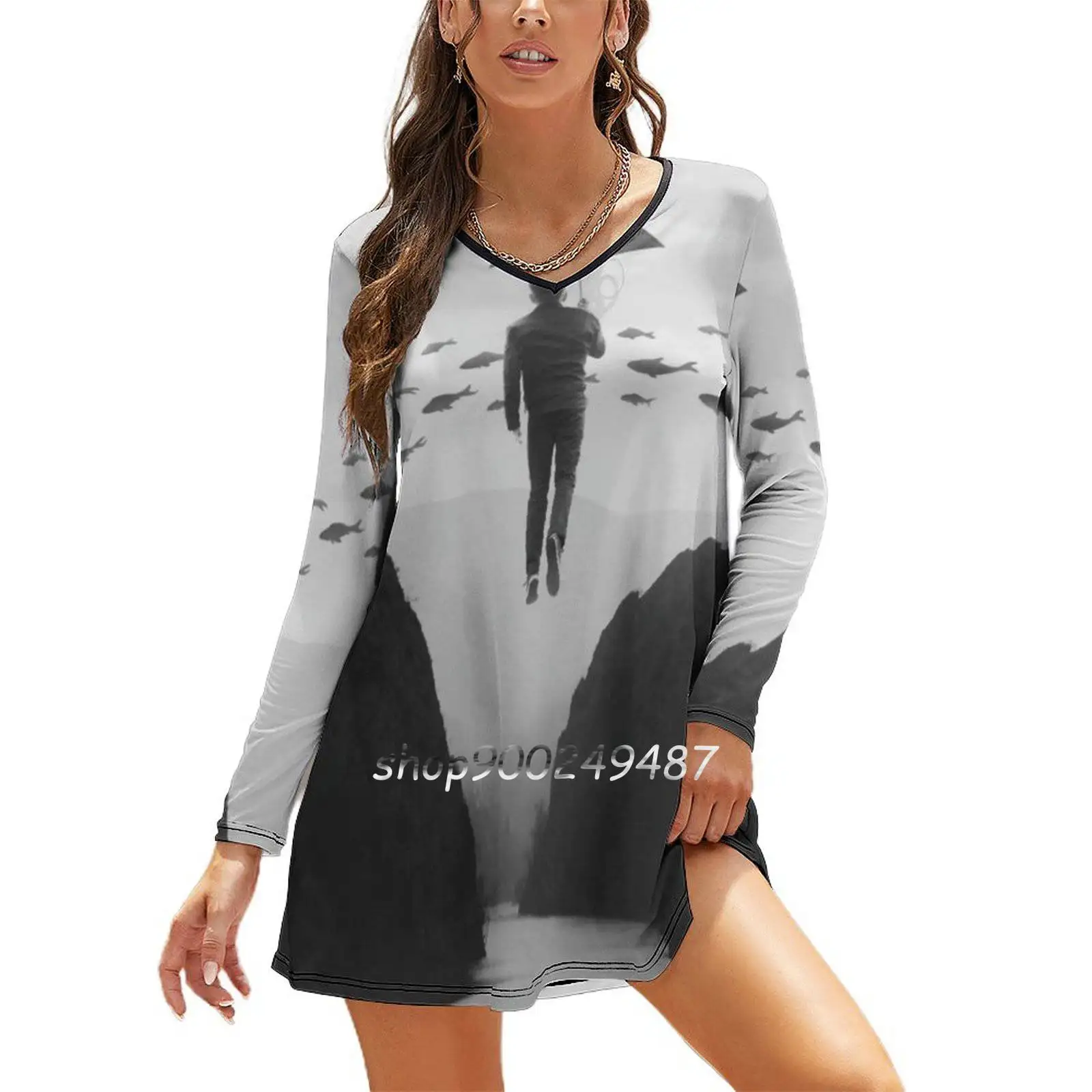 

Journey To The Unknown Slim Dress With Hollow Waist Autumn Winter Sexy V Neck Long Sleeve Dresses Man Umbrella Flying Fish