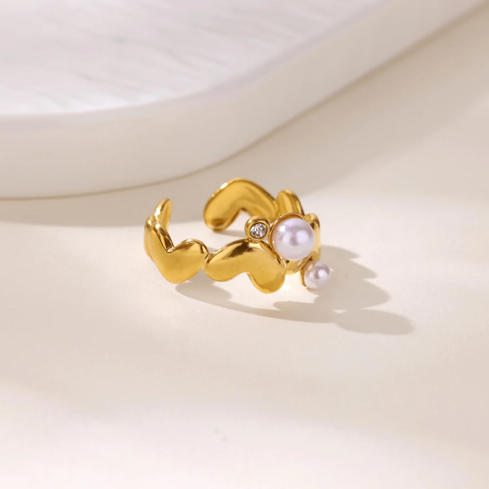 Stainless Steel Imitation Pearl Heart Ring For Women