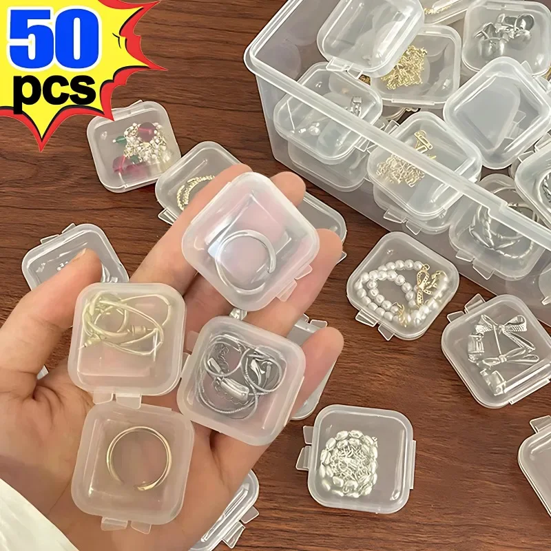 

Mini Plastic Jewelry Box Square Transparent Flip Portable Pill Container Jewelry Boxes and Packaging Earrings Small Display Case
