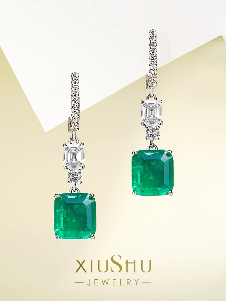 

2023 New Paraiba 10 * 11mm Rectangular Emerald Earrings Temperament Female S925 Silver Fashion Jewelry