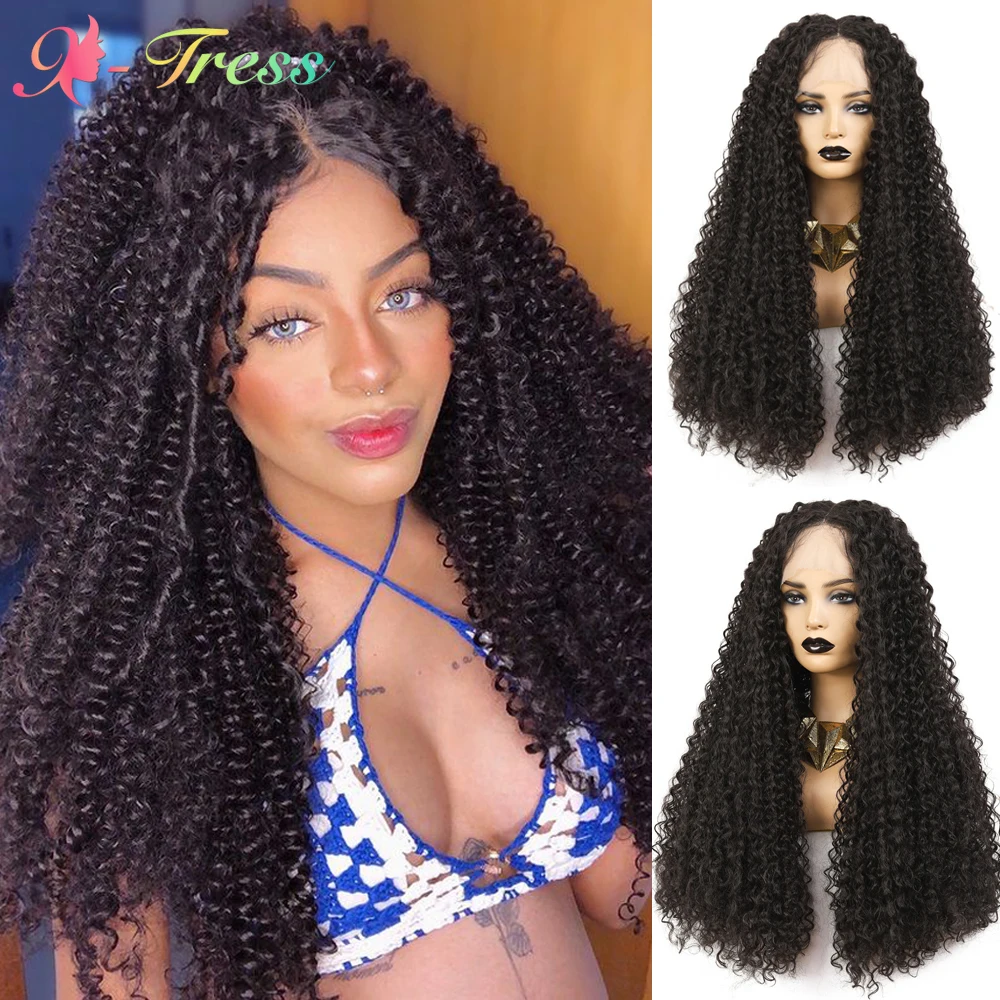 X-TRESS Lace Front Wig Synthetic Kinky Curly Wigs With Baby Hair 26 Inch Dark Brown T Part Transparent Lace Wig for Black Women