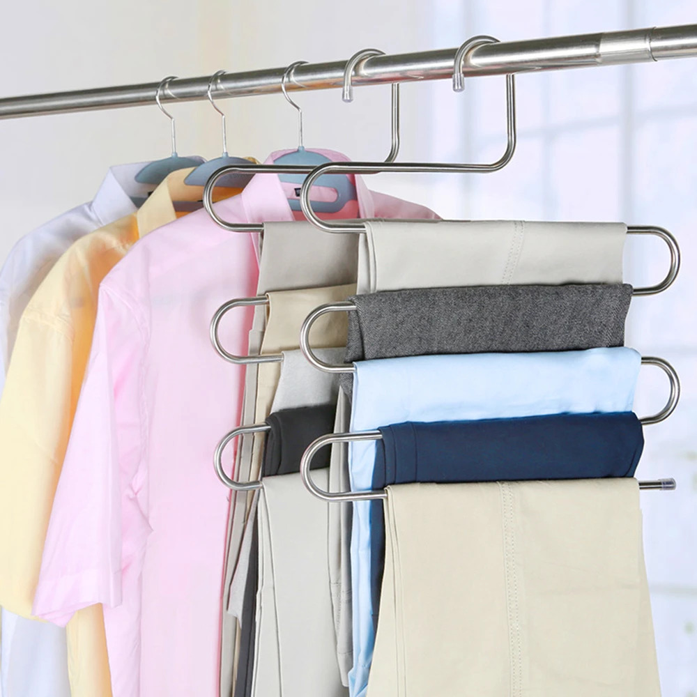 Clothes Hanger Pants Rack Clothes Rack Storage Hanger MultiFunctional Stainless Steel Trouser Hanger 5 Layers Pant Storage Cloth Rack S-type Non-slip Drying Rack Bathroom Organizer