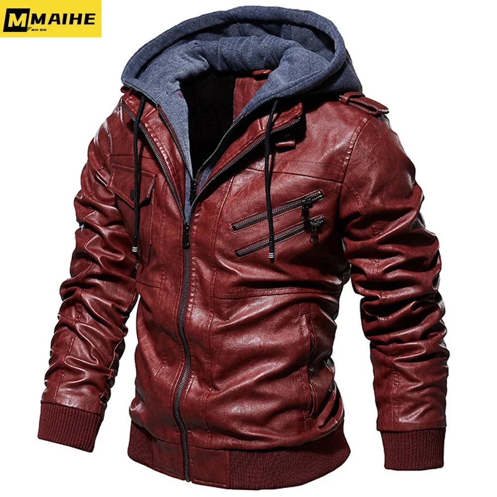 Oblique Zipper Motorcycle Leather Jacket Men Brand Retro Hooded  PU Leather Jackets Autumn Coat Plus Size S-5XL Dropshipping
