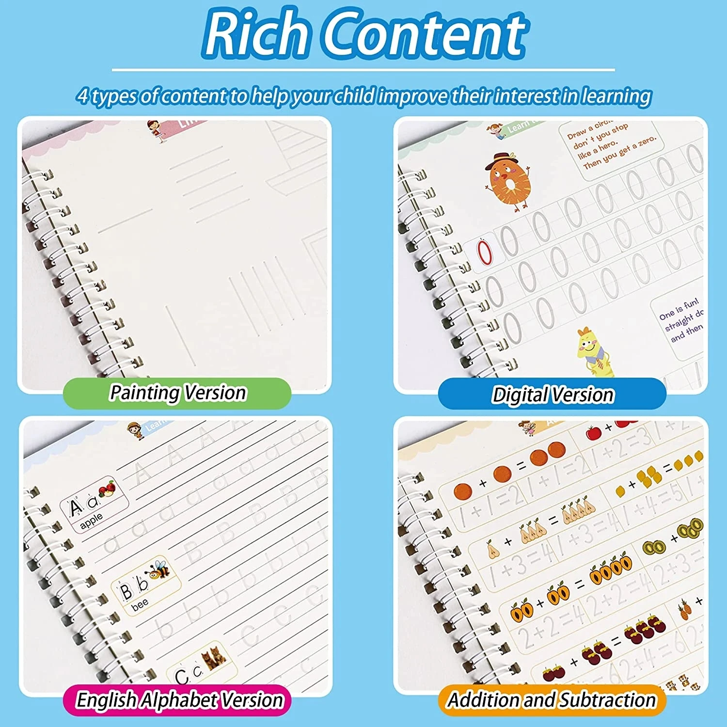 4 Books/set English Sank Magic Practice Copybook French Number Tracing Book German Calligraphy Spanish Reusable Writing Tool 4