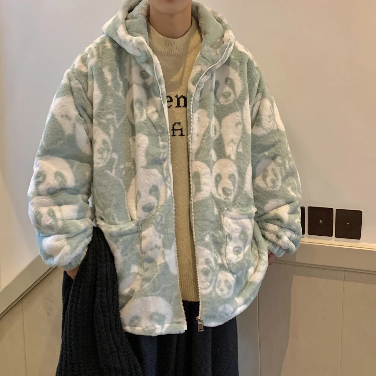 

Privathinker Fashion Lamb Wool Panda Pattern Male Hooded Plush Jacket Hong Kong Style Oversized Male Street Casual Outerwear