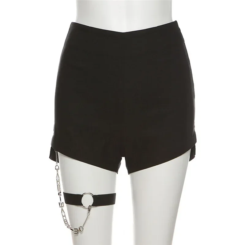 Sexy Gothic Shorts with Chain Summer Women Slim Solid Colors High Waist Shorts Fashion Streetwear Black Elastic Waist Bottoms