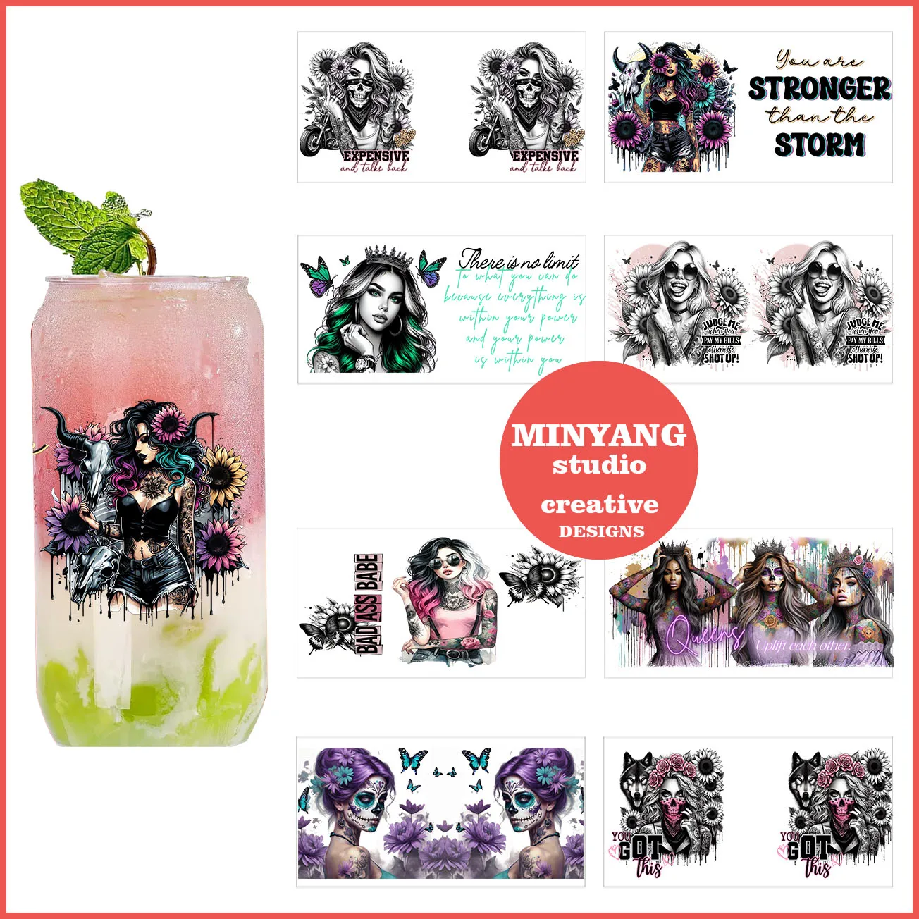 Fashion tattoo girl peel waterproof DIY Decals 3D transfers uvdtf crystal stickers 16oz uv dtf cup wraps for Libbey Glasses