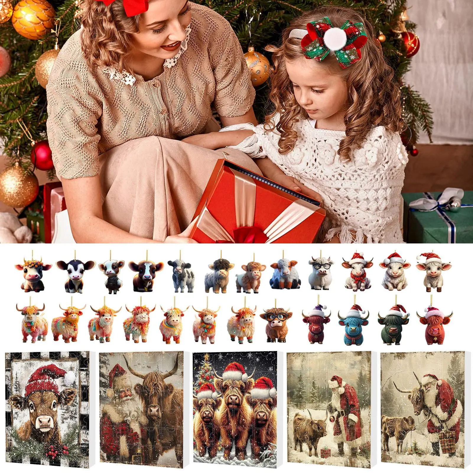 Christmas tree Highland Cow Ornaments Christmas Countdown Calendar kit Gift 2pcs Advent Surprise Toy Set christmas countdown calendar christmas advent calendar