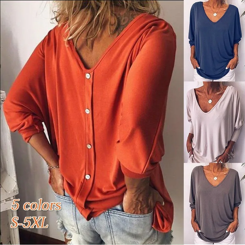 

V-neck 3/4 sleeve back button up T-shirt loose top