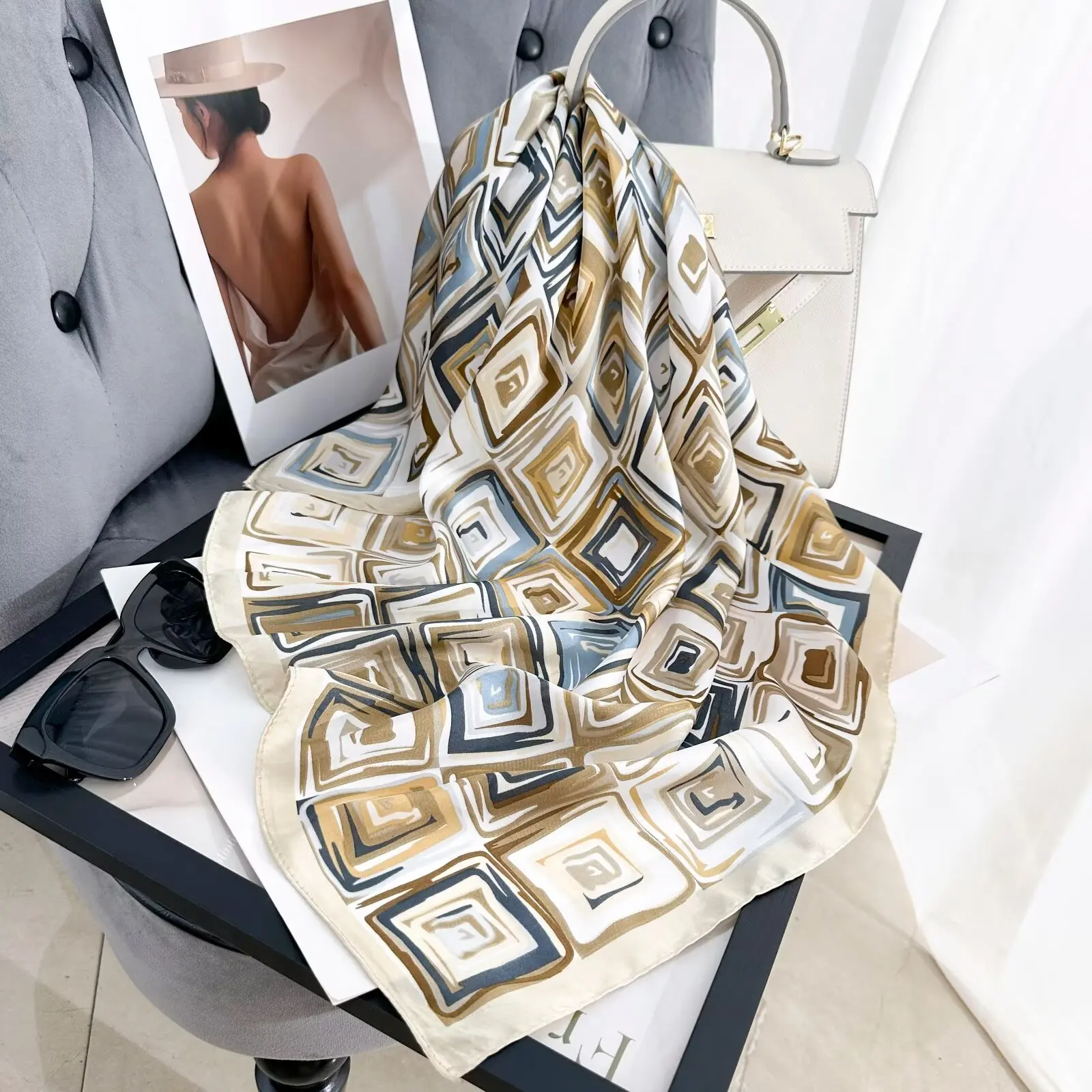 Luxury Silk Shawl Square Scarf for Women Satin Fashion Wraps Neckerchief Female Hair Bands Ribbon Headband Bandana 70X70CM