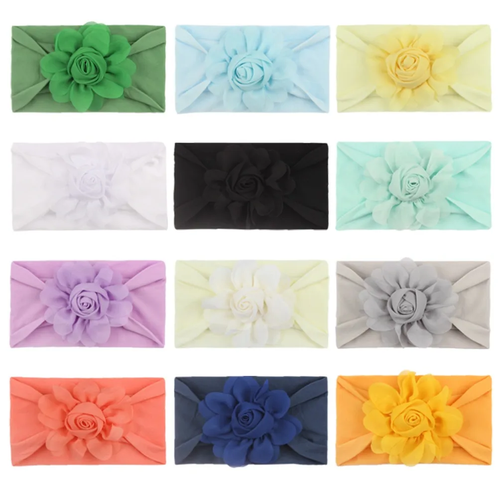 Soft Nylon Baby Headband with Chiffon Flower for Newborn Girls