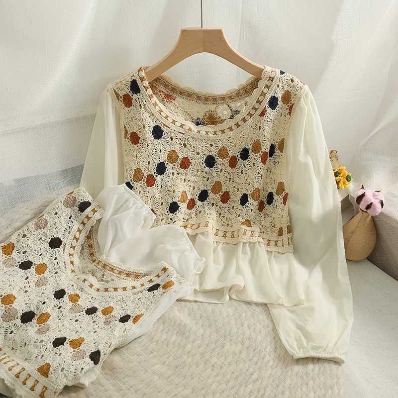 

Boring Honey HongKong Style Long Sleeves Fashion Women Blouses Join Together Chiffon Sleeve T-Shirt Round Collar Wavy-Edge Tops