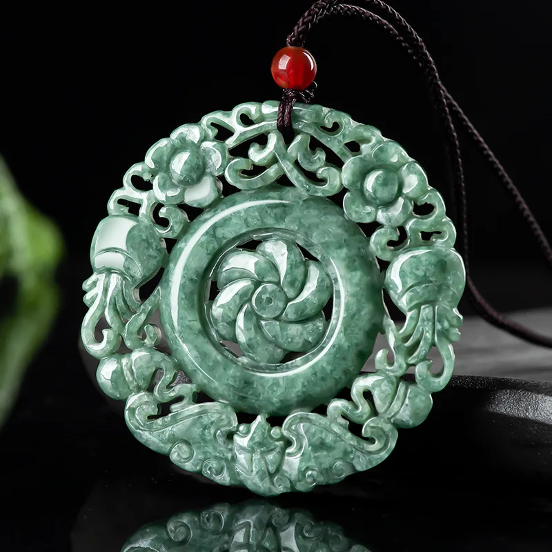 

Natural Burma A-grade Jade Blossom Rich Noble Pendant Ice Jadeite Charms Sweater Chain Men's Women's Jewelry Necklaces Drop Ship