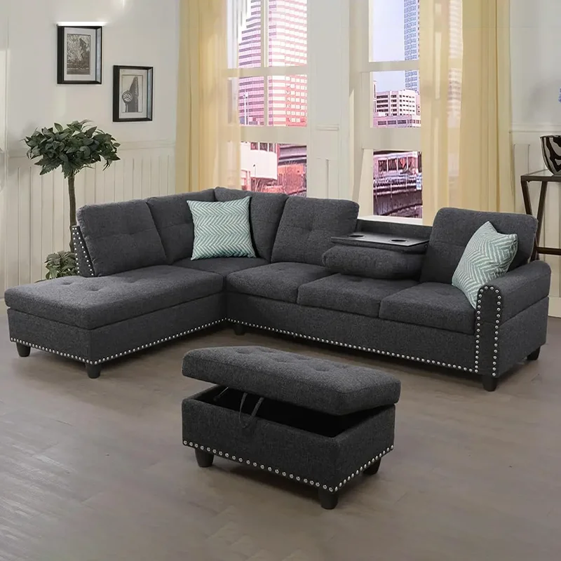 

Fabric Sectional Sofa Couch With Storage Ottoman, 2 Cup Holders, 2 Throw Pillows Sofabed Home Furniture (Light Gray Sofa）