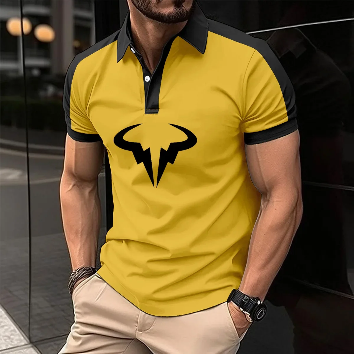 Description Picture 5 of itemSummer 50% Cotton Shirt Rafael Nadal print New Men's Breathable Short Sleeved Polo Shirt Casual Contrast Color men's golf shirt