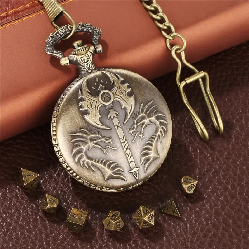 Novel 7 X Metal Polyhedral Dice Set Table Role Play Gaming Accessory Double Draogn Axe Pendant Pocket Watch Case FOB Chain