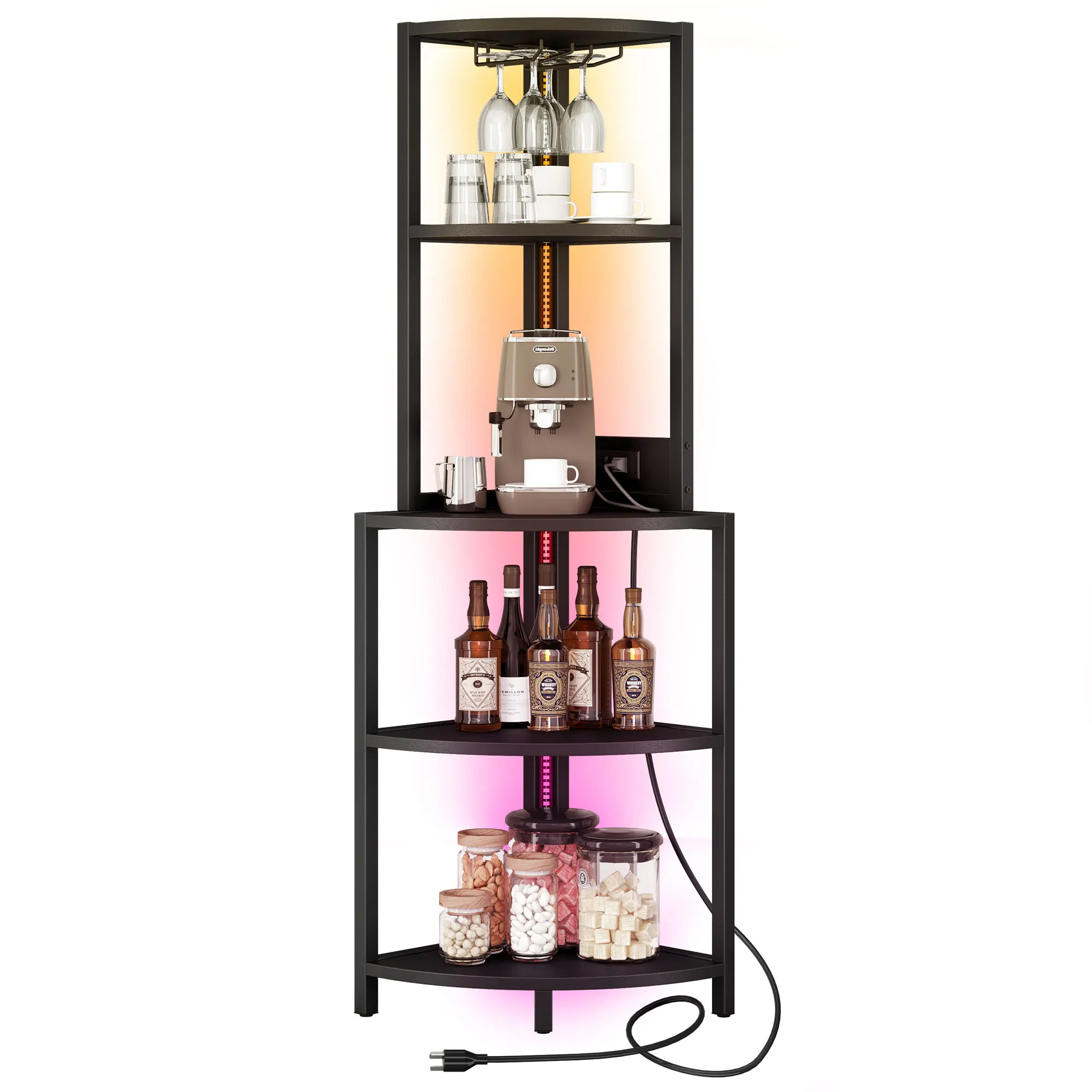 Corner Shelf with Power Outlets & LED Lights Bookshelf Bookcase Display Shelves