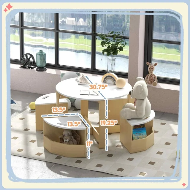 White 5-Piece Kids Table and Chairs Set with Storage for Art, Drawing, Playroom, Classroom, Nursery
