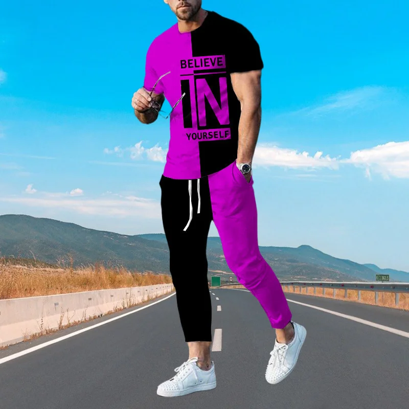 

New Summer Clothes Fashion Man 3D Printing Solid Color Long Pants Street Clothes Men Clothing Set Sleeve T-Shirt Trousers Suit