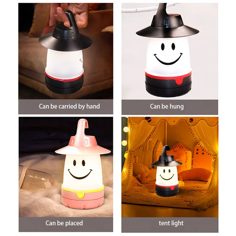 Portable Camping Lantern LED Smile Night Light Mini Hanging Tent Light Bedroom Decoration Cute For Kids Gift Outdoor