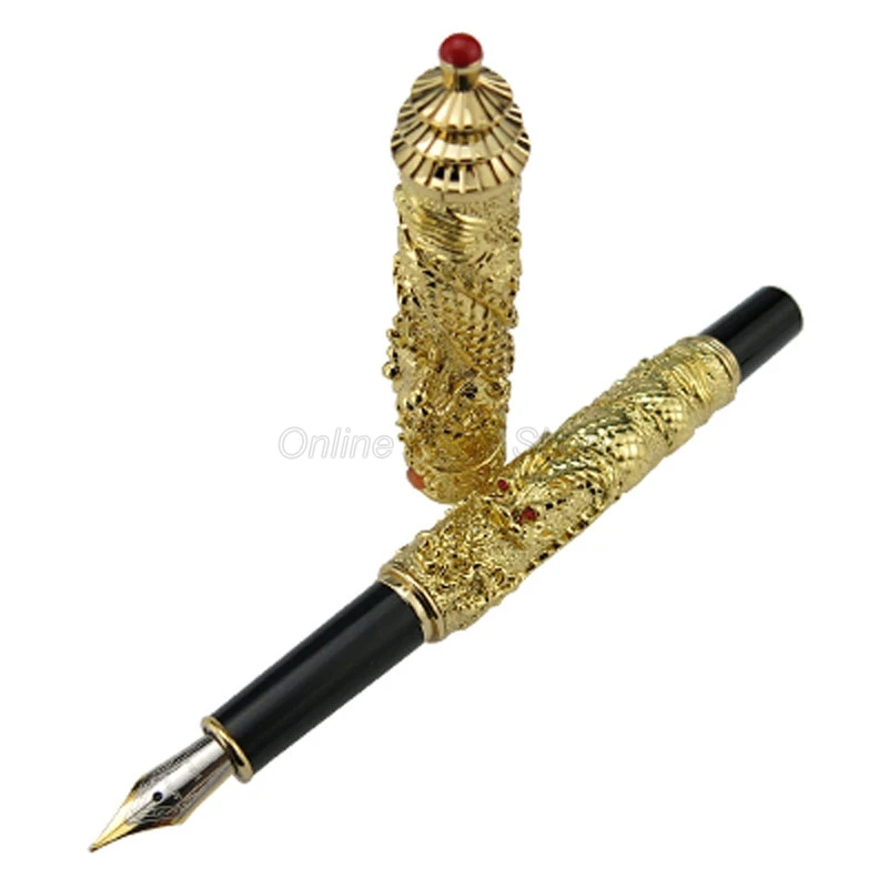 Jinhao Golden Tower Cap Small Double Dragon Playing Pearl Heavy Stilografica Penna Piegata/Fine Nib Cancelleria Professionale Per Ufficio