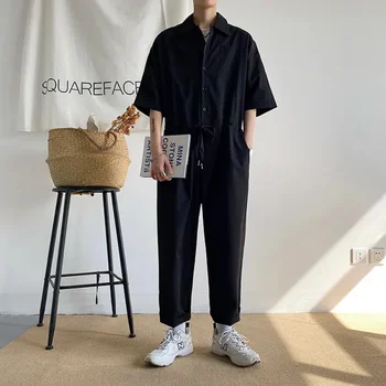 남성용 오버올 점프수트, 캐주얼 9 포인트 카고 팬츠, 일본 레트로 남성 의류, 커플 루즈 단색 수트, 여름 패션