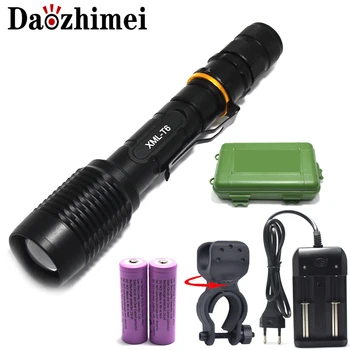 5000 루멘 손전등, XM-L T6 LED 손전등, 토치 줌 램프 라이트, 2x18650 배터리, EU, US, AU, UK 플러그 충전기, 사냥용
