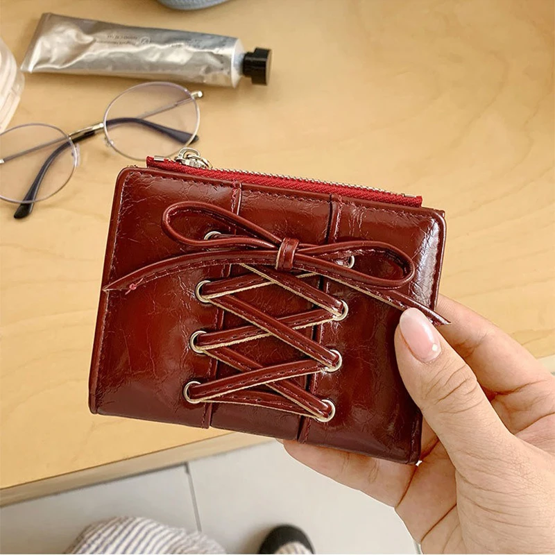 YK2 Strap Bow Women Wallets Short Wallets Card Holder Folding Zipper Coin Purse Girl PU Leather Coin Pouch Casual Clutch Bag